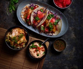 Koreanske vegetartacos med tofu og kimchimajo