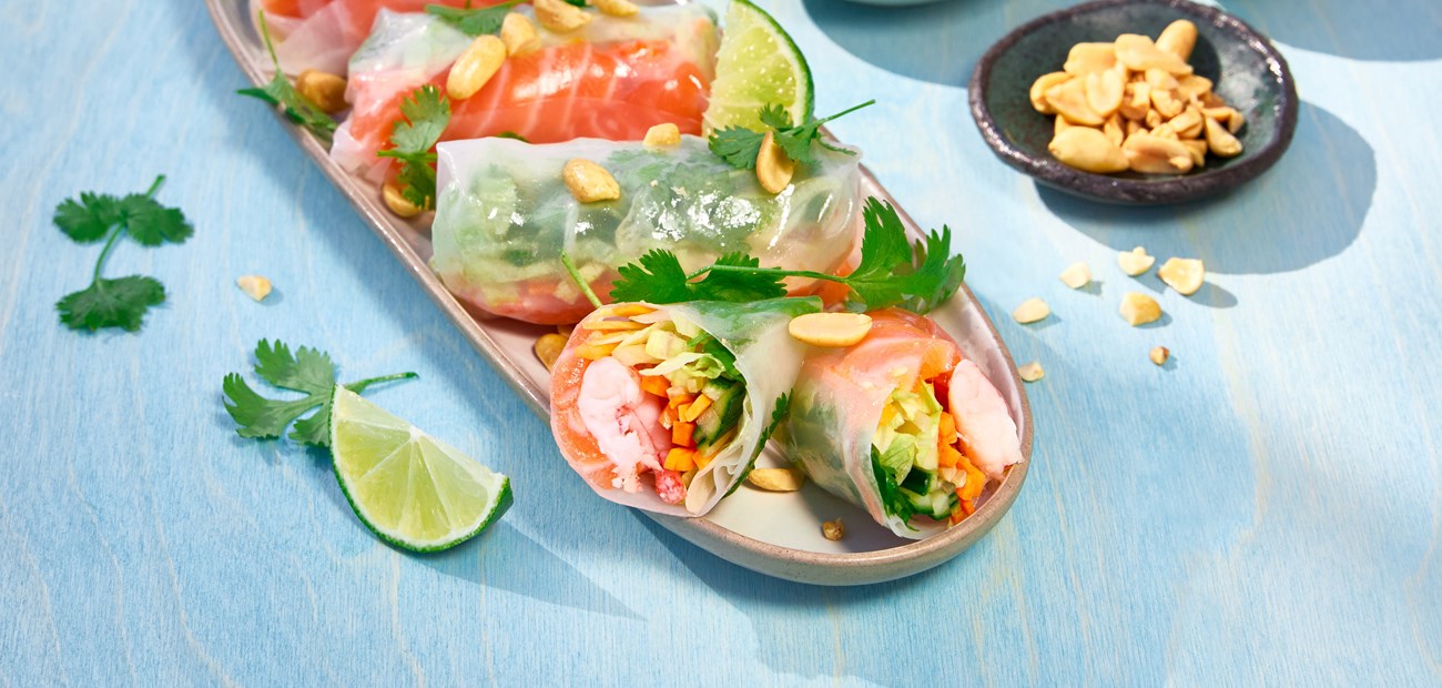 Myke vårruller med reker og laks