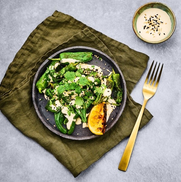 Padron med yoghurt- og tahinidressing