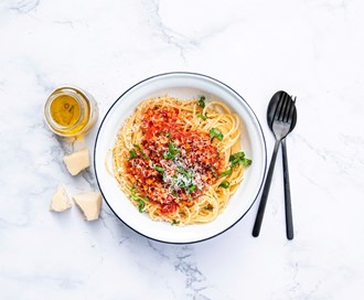 Spaghetti bolognese med Grønnsaksris