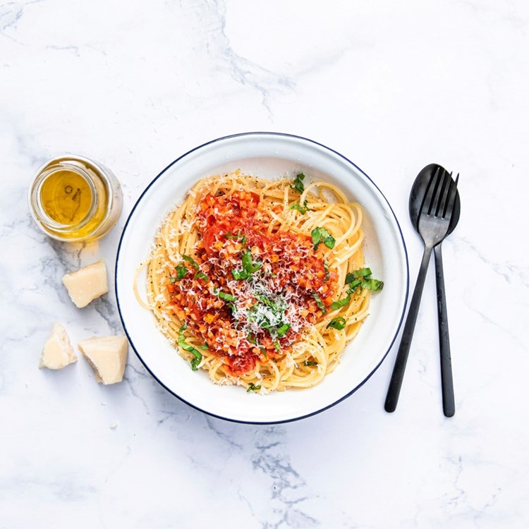 Spaghetti bolognese med Grønnsaksris