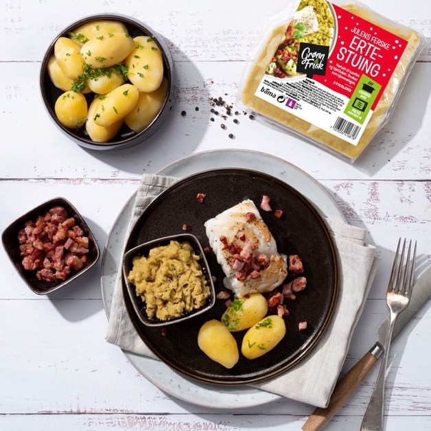 Torsk med ertestuing og mandelpoteter