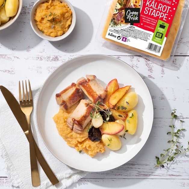 Medisterpølse med kålrotstappe og mandelpoteter