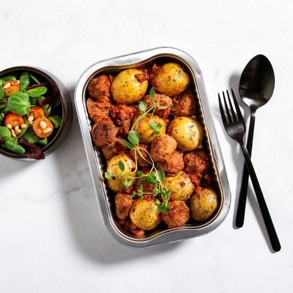 Småpoteter med kjøttboller og tomatsaus