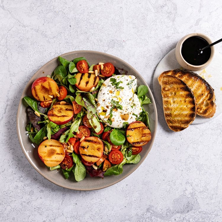 Nektarinsalat med burrata og Feldsalat Mix