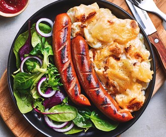 Grillede pølser og Fløtepoteter
