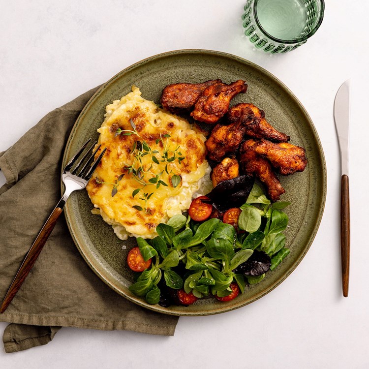 Fløtepotet med kyllingklubber og feldsalat