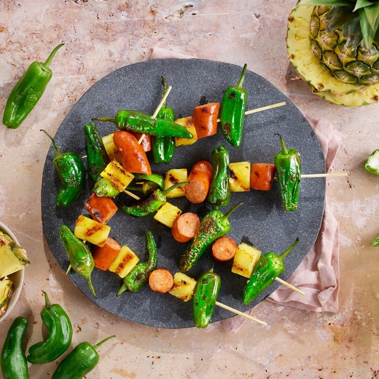 Grillspyd med padron, ananas og chorizo