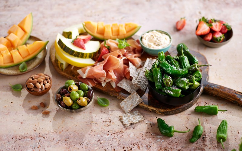 Melon, padron og parma-fat