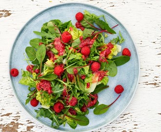 Salat med babyleaf mix og bringebærvinaigrette